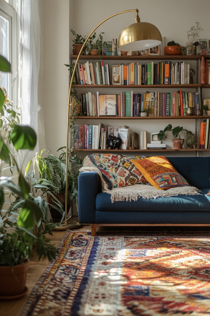 Bold patterned rug and retro lighting
