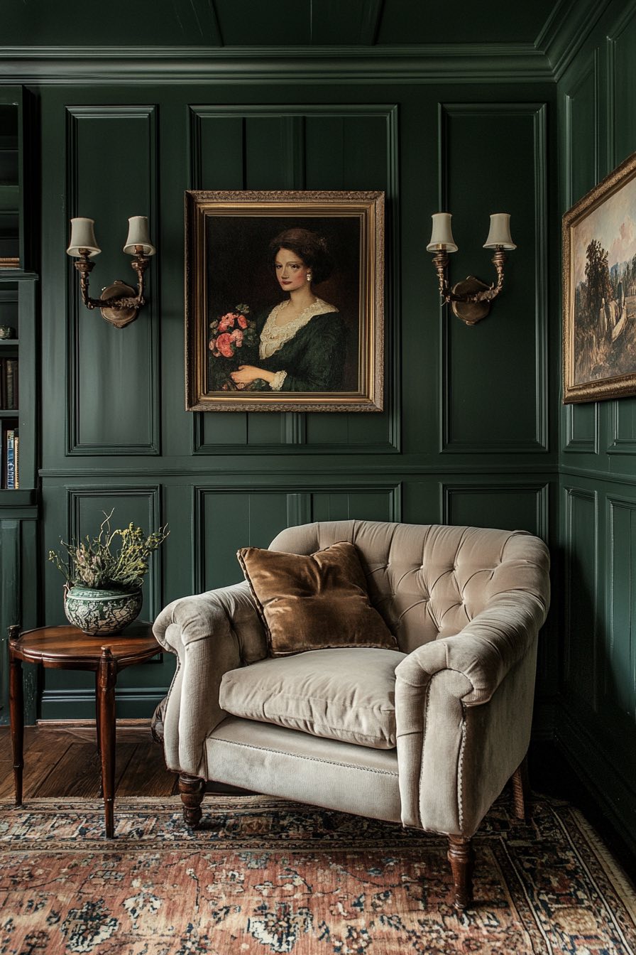 Dark Wood Paneling with Moody Green Walls