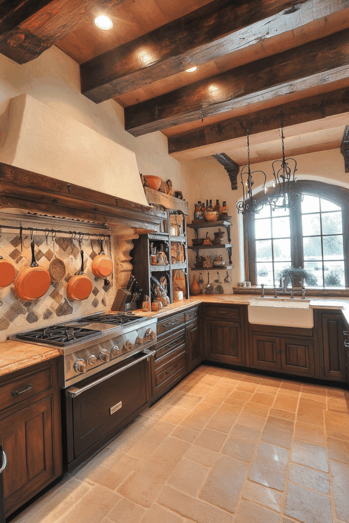 Wrought Iron Pot Rack and Wooden Beams Ceiling
