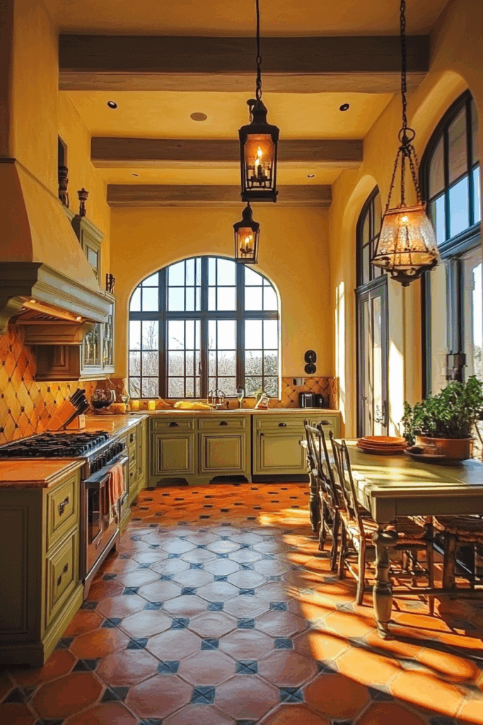 Sun-Washed Yellow Walls with Olive Green Cabinetry
