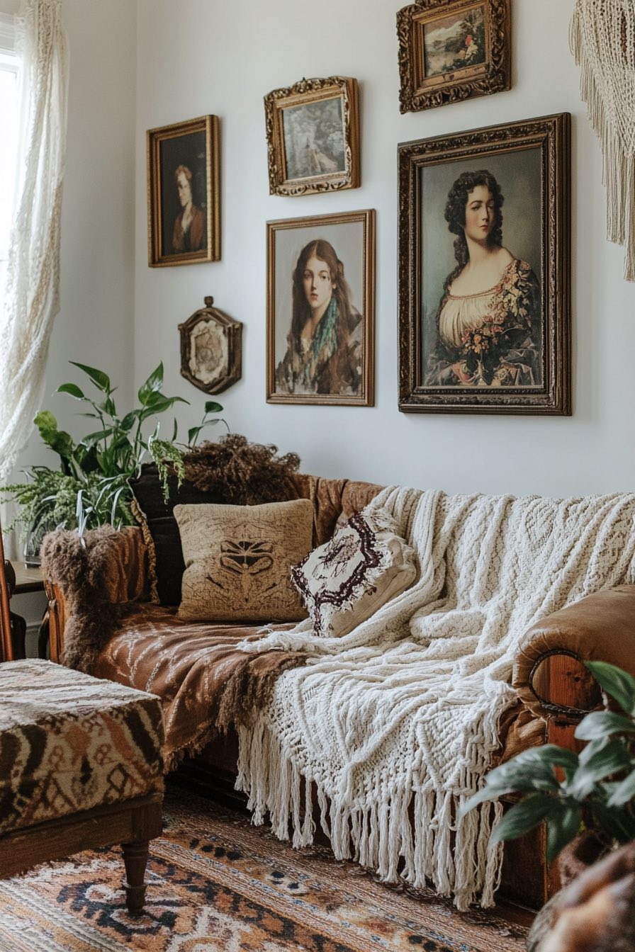 Vintage portrait wall and boho textiles