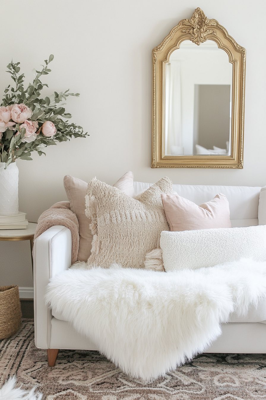 White Fur Throw and Gold-Leaf Mirror