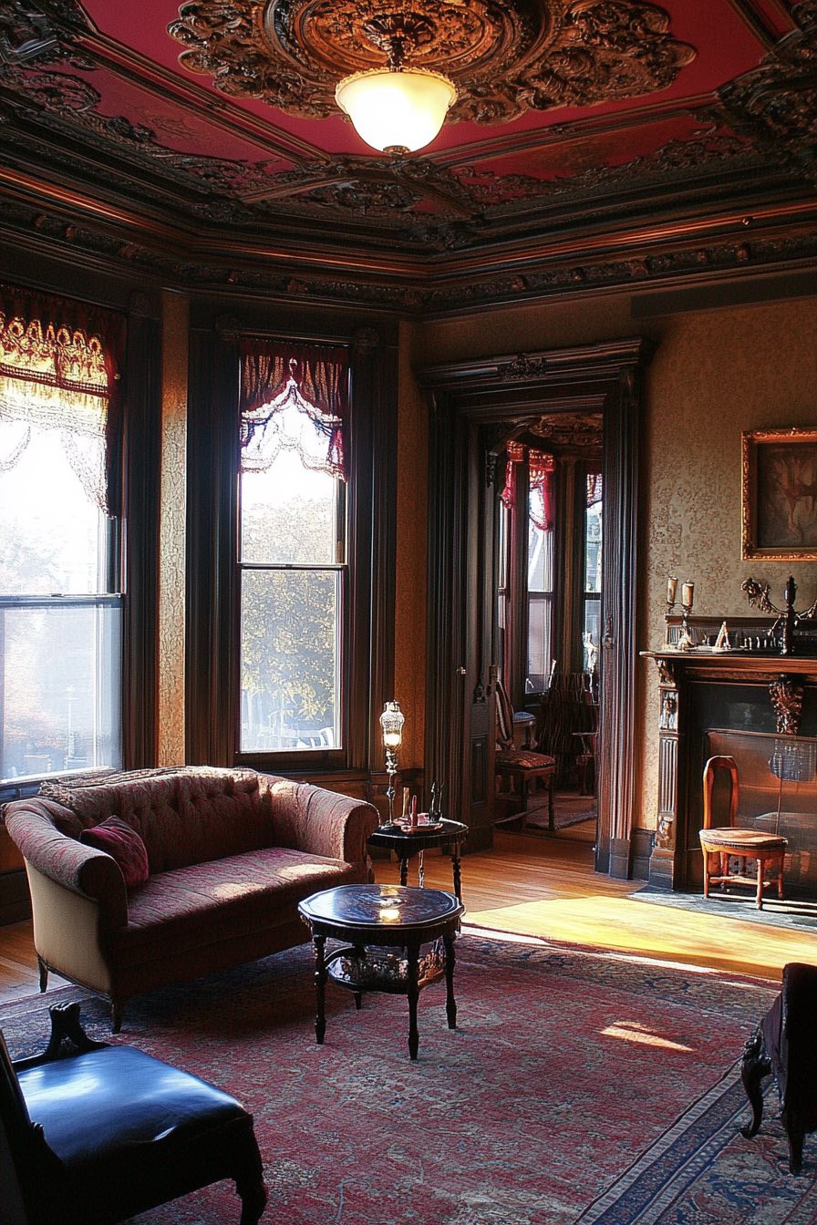 Intricate Crown Molding with Jewel-Tone Accents