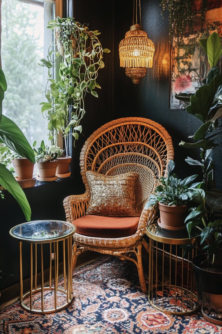 Peacock Chair and Glass Side Tables