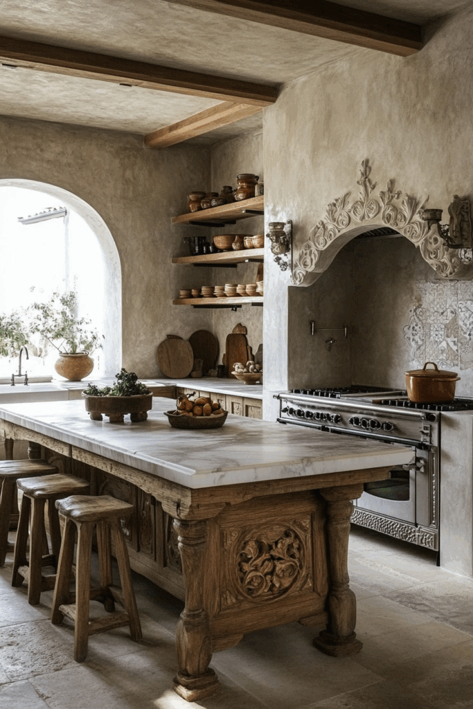 Rustic Wood Island with Carved Legs and Marble Top