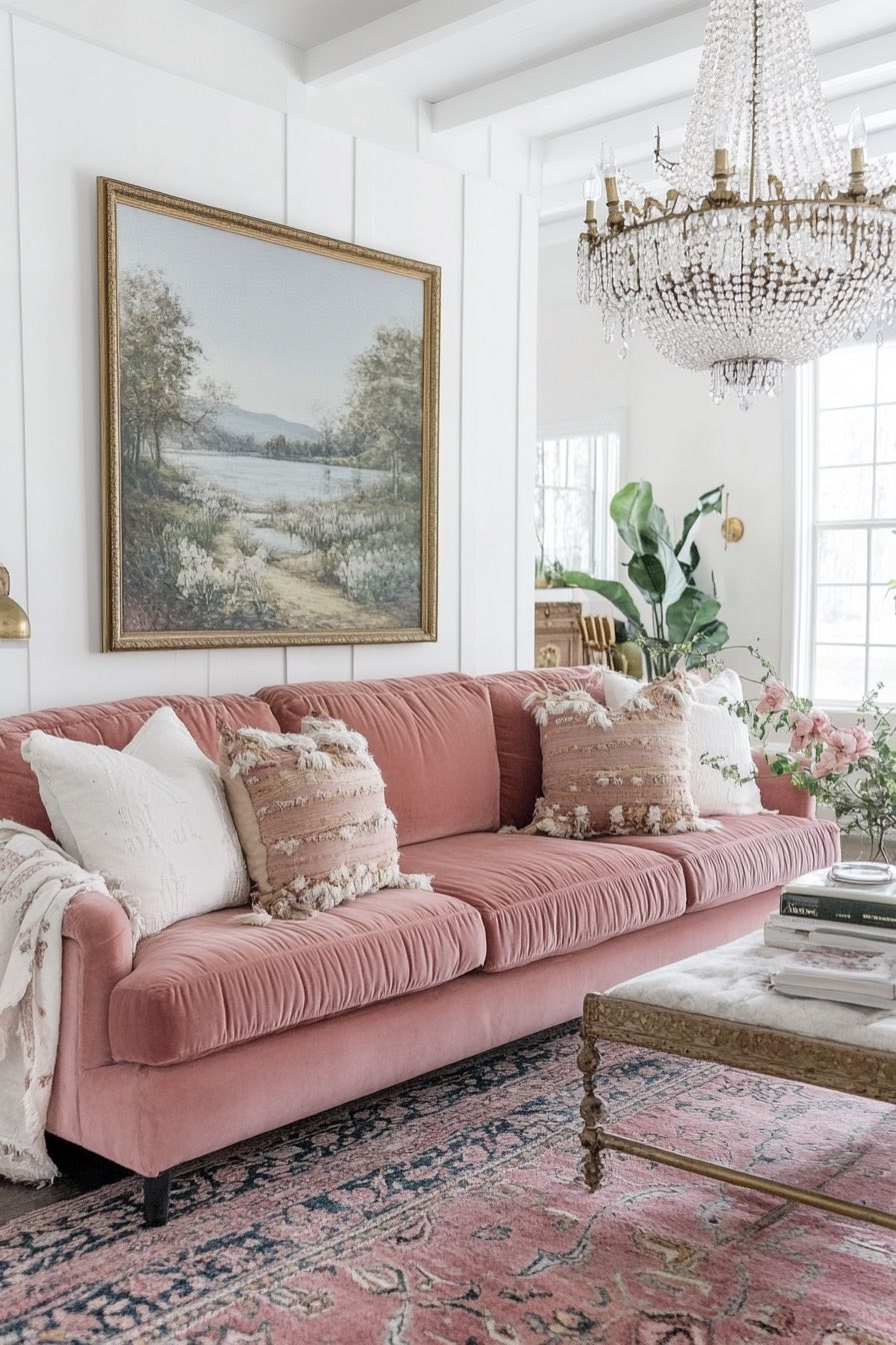 Blush Pink Sofa and Beaded Light Fixture