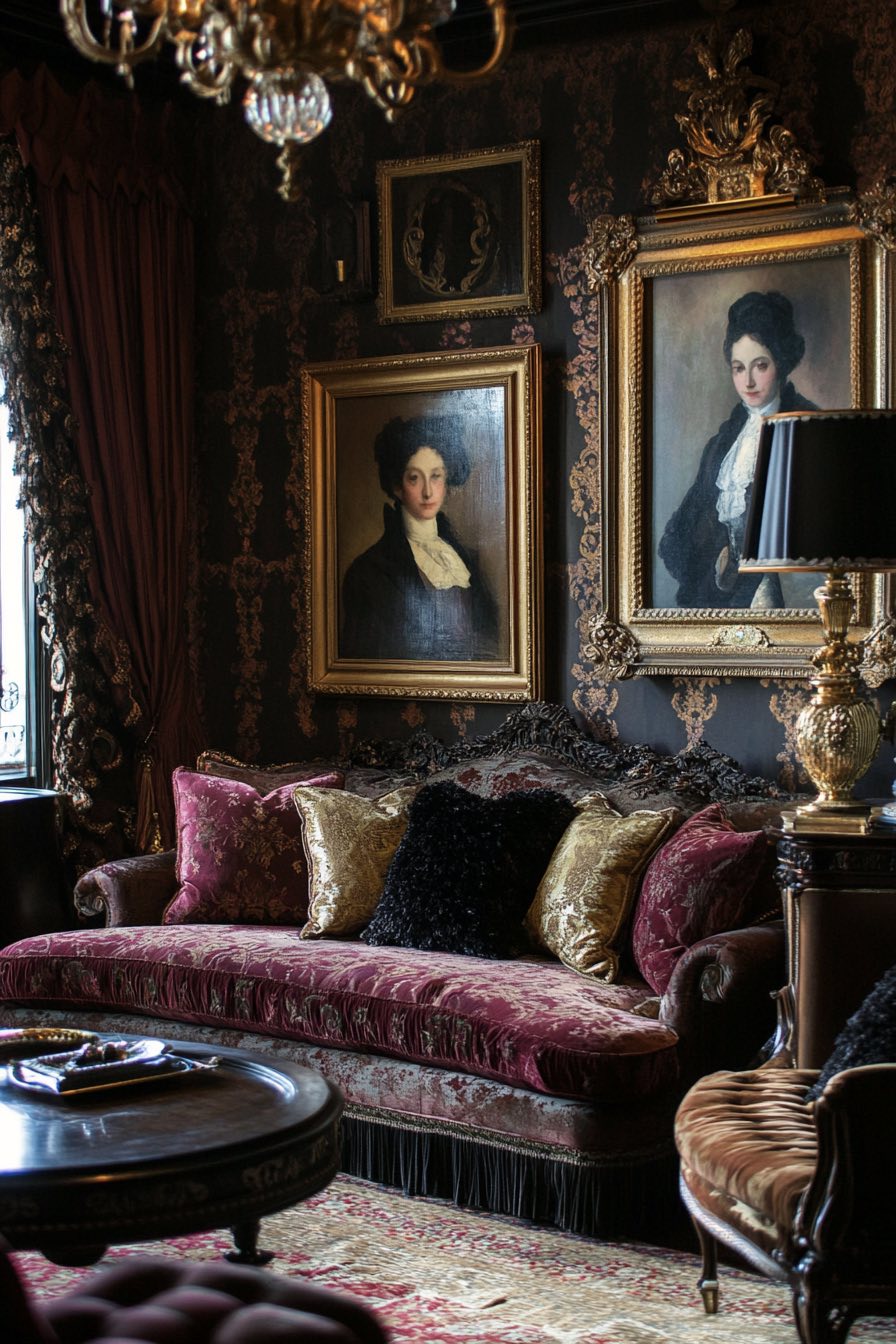 Gallery Wall with Gilded Frames and Oil Portraits