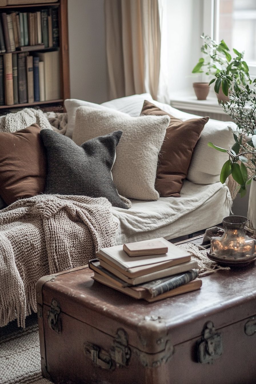 Old trunk coffee table and layered throws