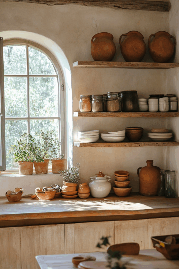 Open Shelving with Clay Jars and Earthenware Dishes