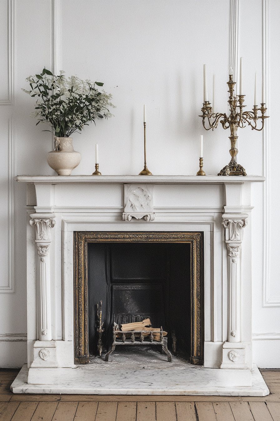 Marble Fireplace with Brass Accessories