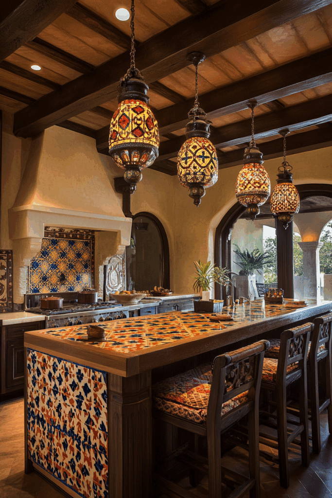 Moroccan Pendant Lights over a Tiled Breakfast Bar