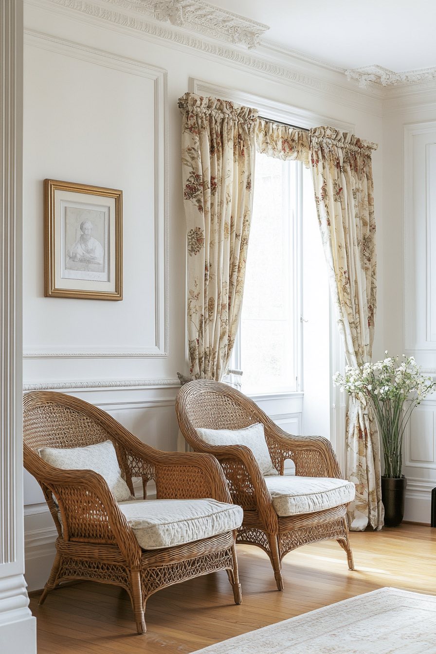 Rattan accents and Victorian details