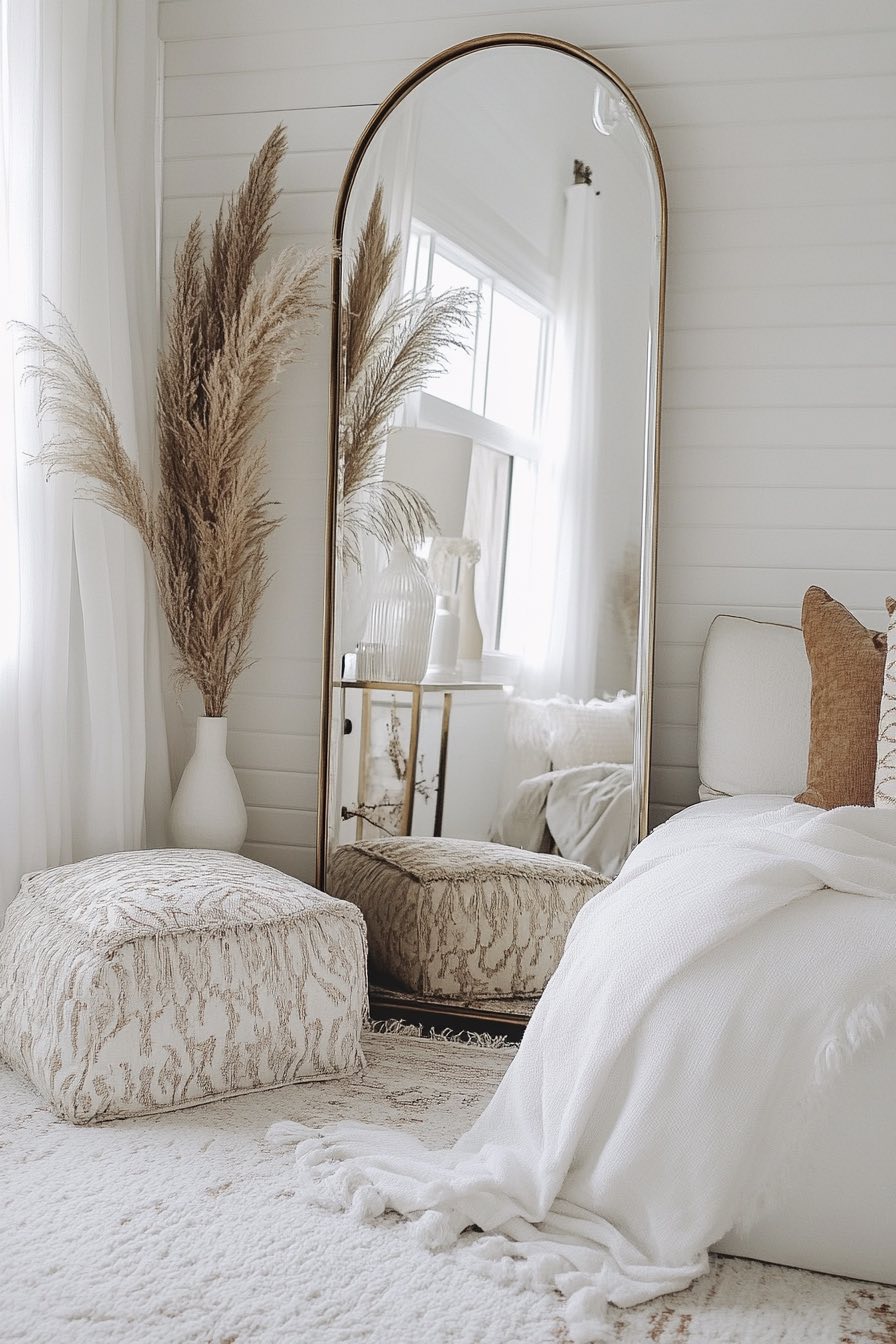 Arched Mirror and Patterned Poufs