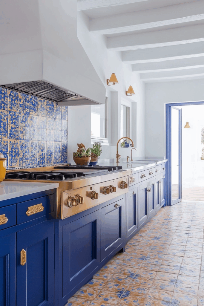 Cobalt Blue Cabinets with Mediterranean Mosaic Inserts