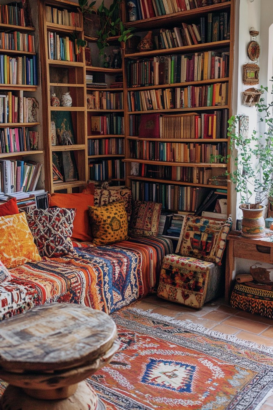 Colorful bookshelves and global decor