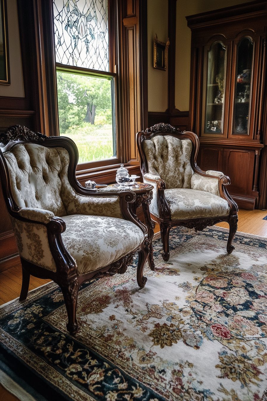 High-Back Victorian Armchairs and Side Table