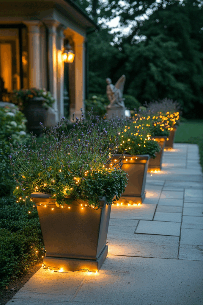 String Lights in Outdoor Planters