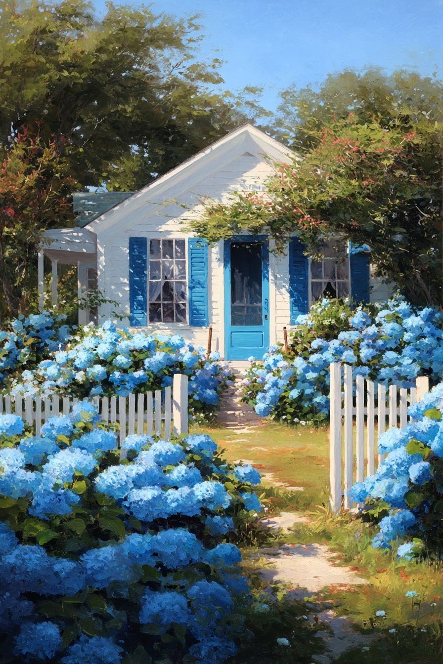 Coastal Cottage with Blue Hydrangeas and Variegated Hostas