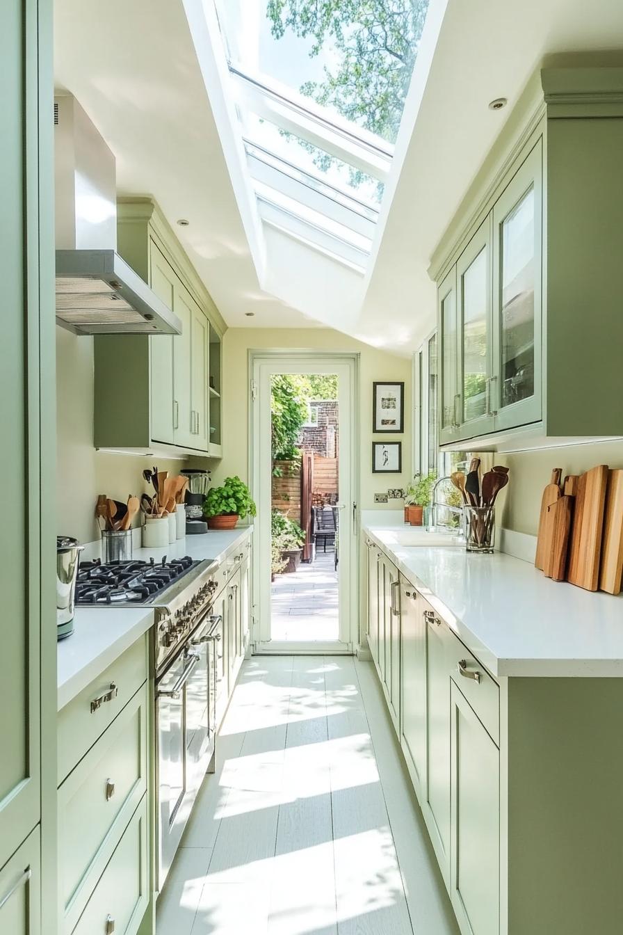 Compact Sage Galley Kitchen with Skylight