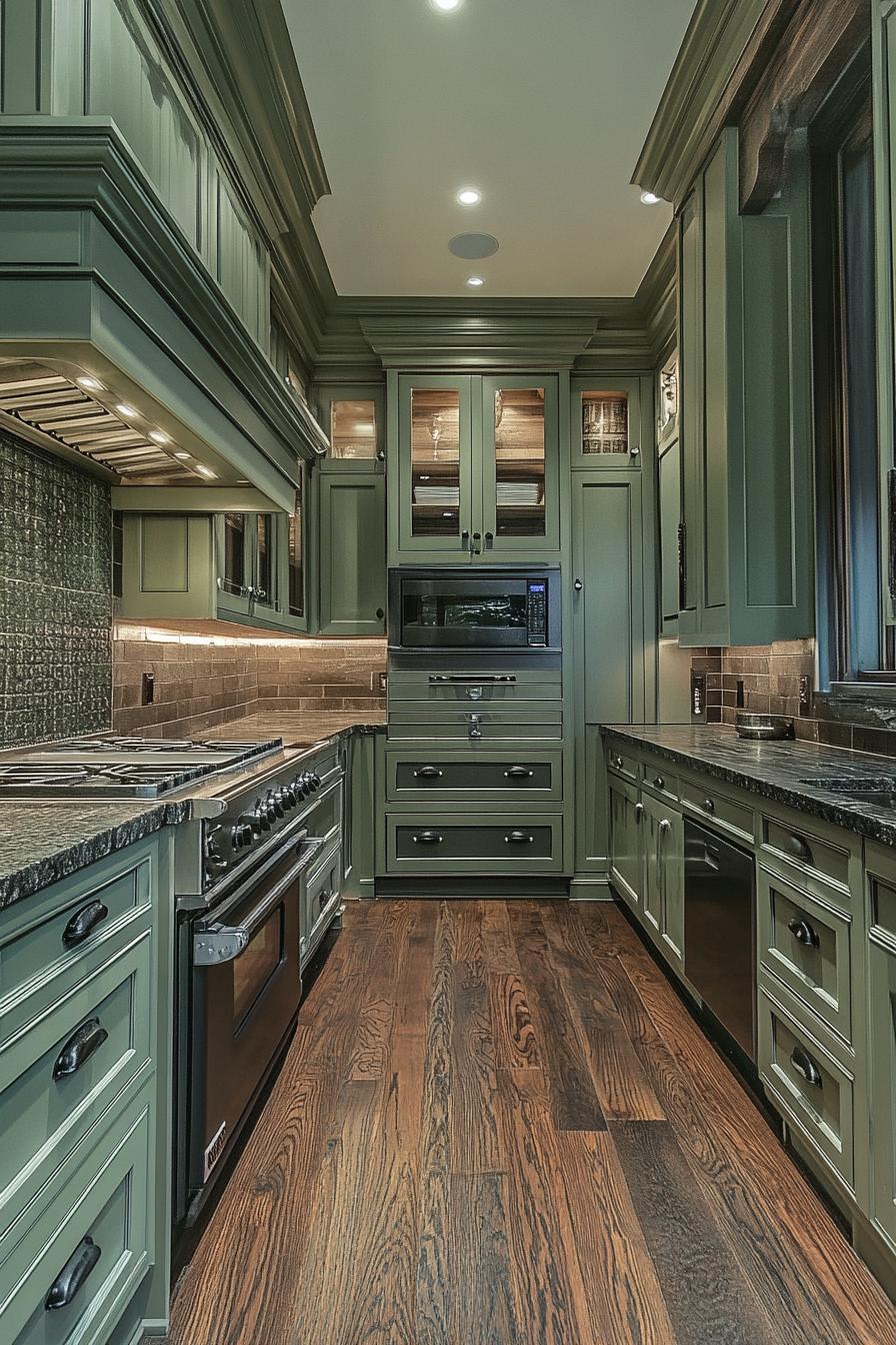 Dark Sage Cabinets with Black Hardware