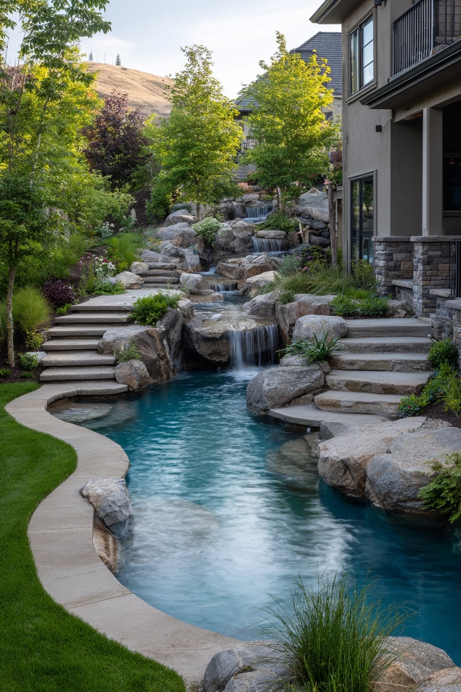 Elevated Semi Inground Pool with Waterfall