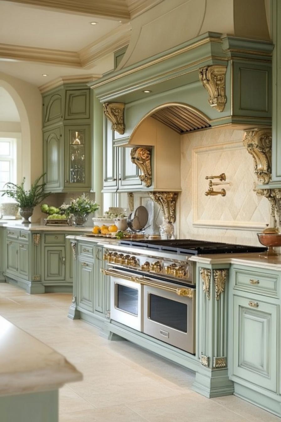 French Country Kitchen with Sage and Cream