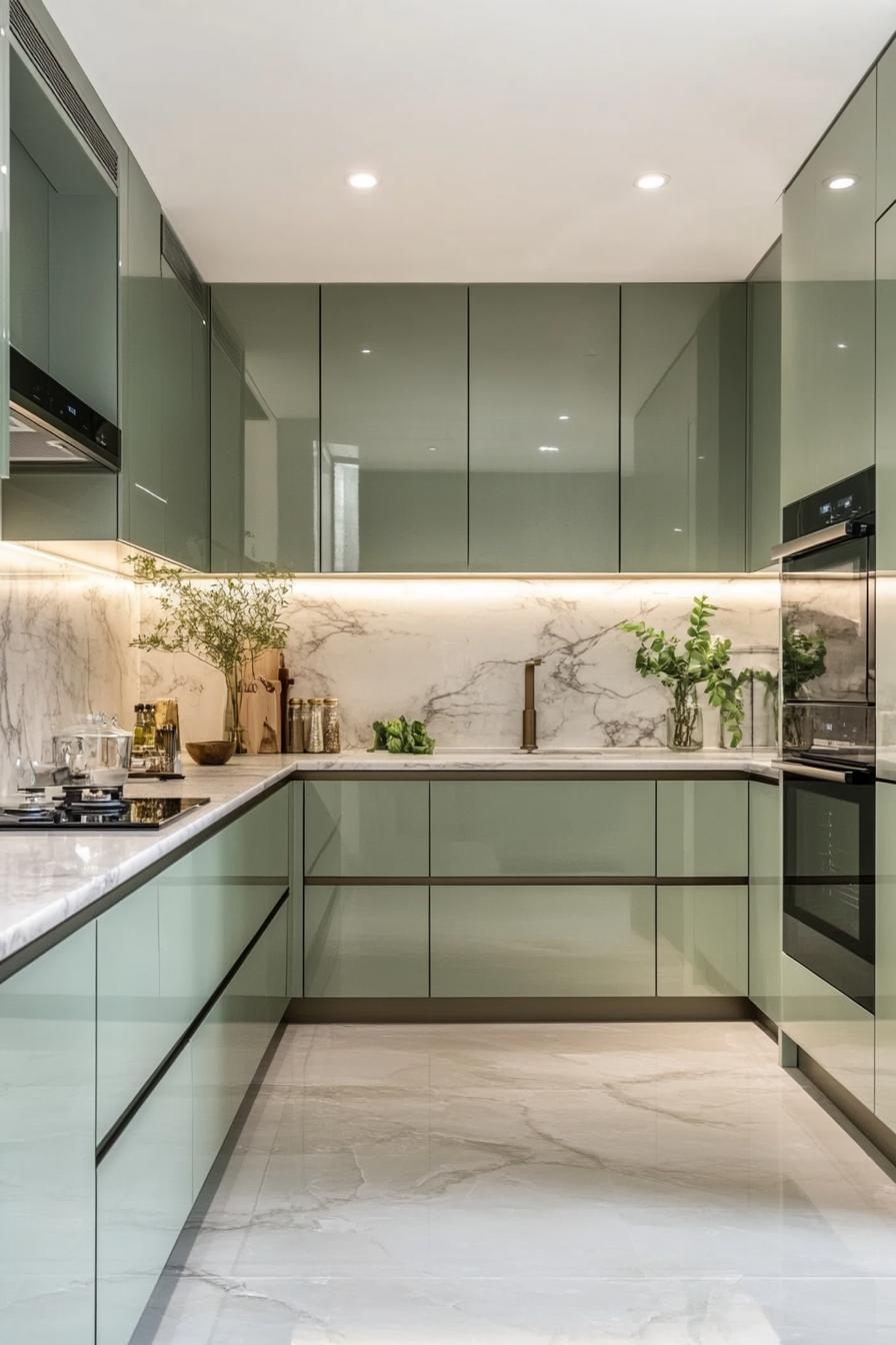 High-Gloss Sage Green Cabinetry with Marble Details