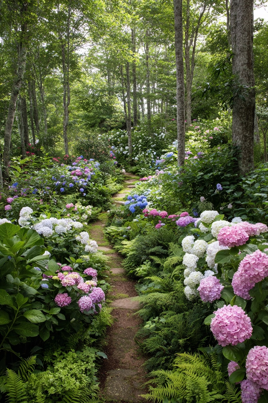 Hydrangeas in a Shady Woodland Garden