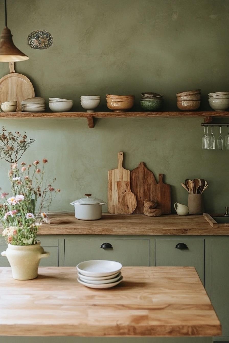 Matte Sage Walls with Natural Wood Open Shelving