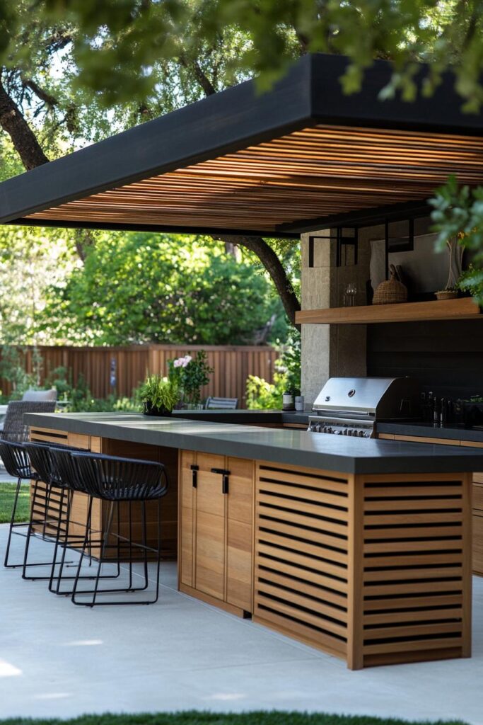 Modern Slat-Wood Outdoor Kitchen