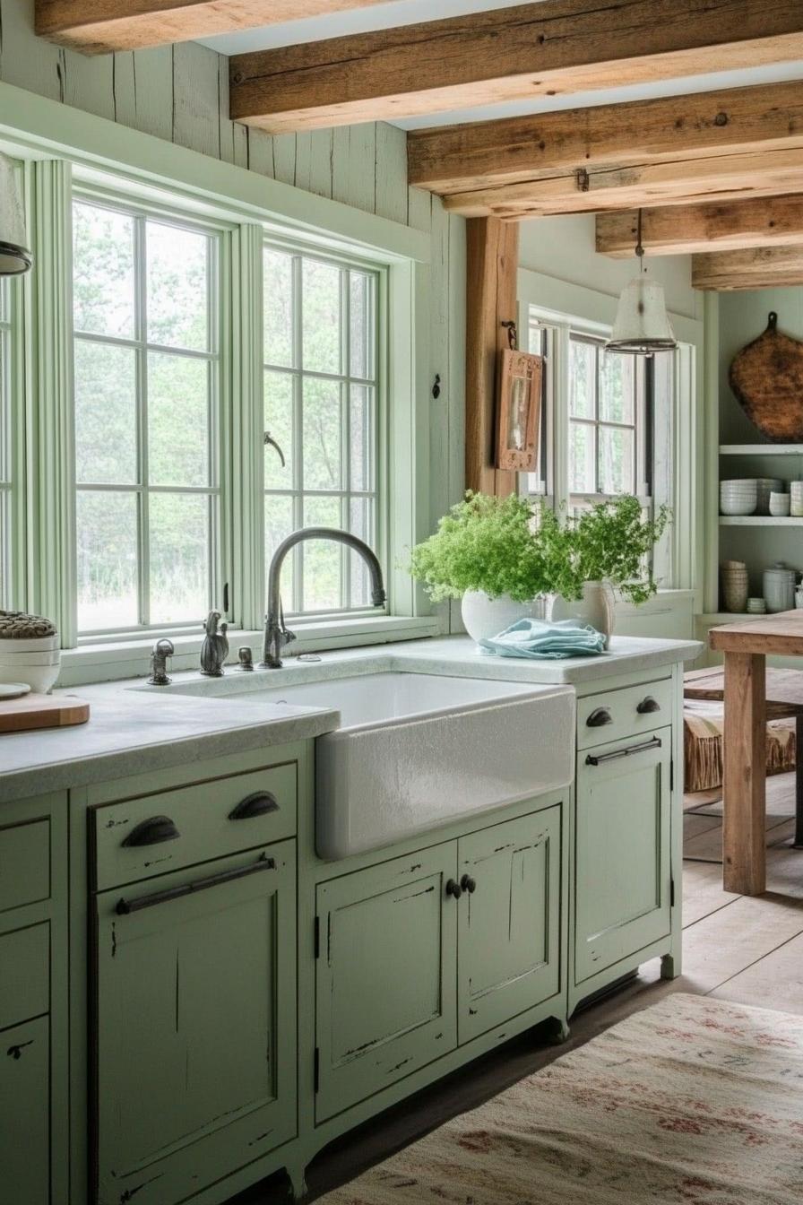 Rustic Kitchen with Sage Distressed Cabinets