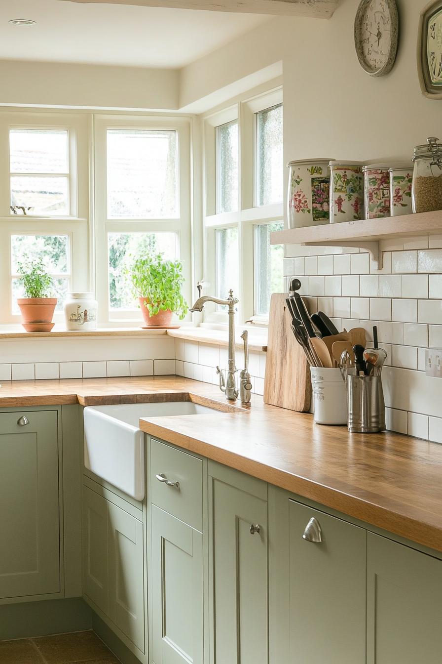 Sage Cabinets with Butcher Block Countertops