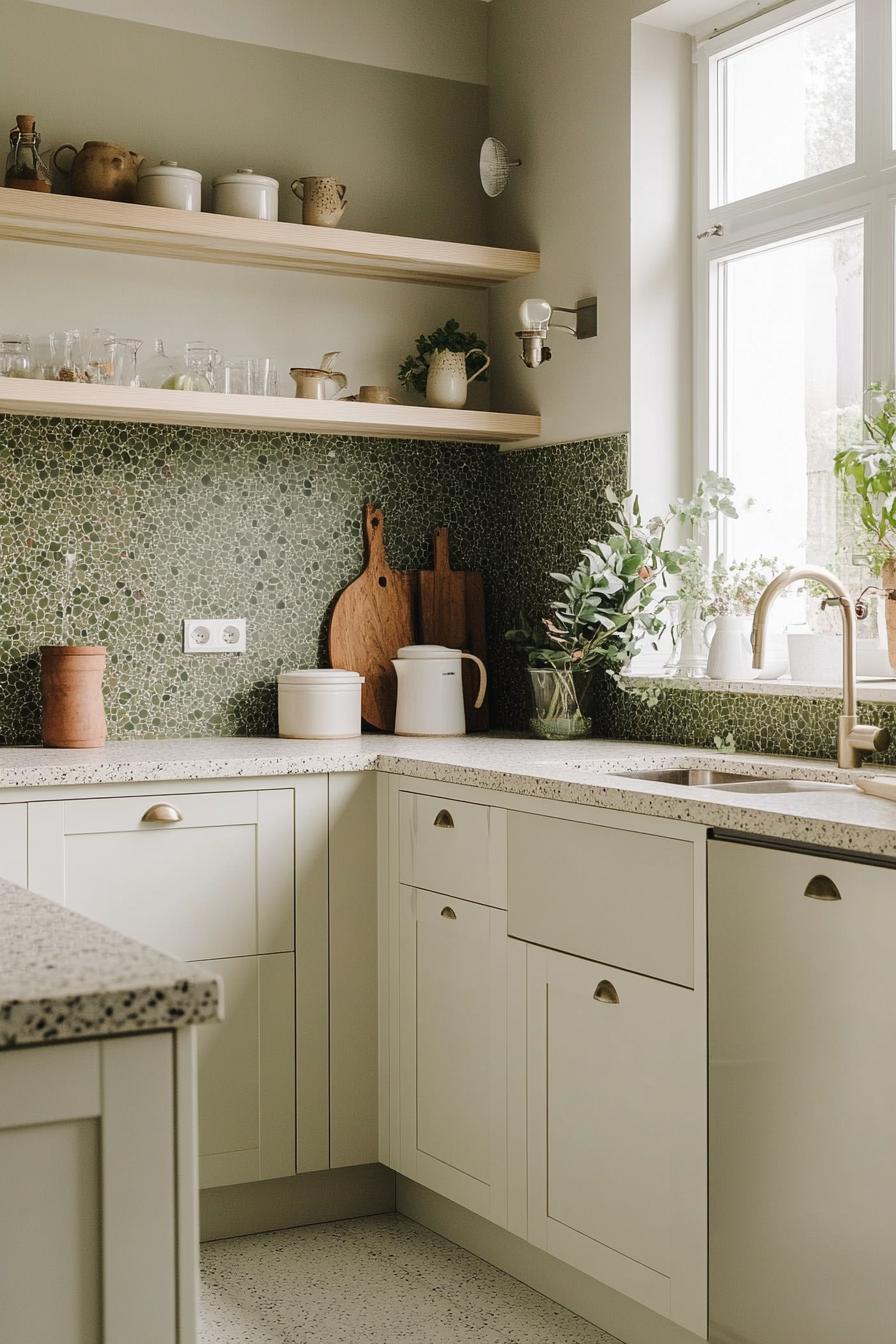 Sage Green Backsplash with Terrazzo Countertops
