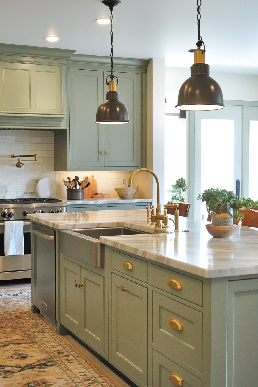 Sage Green Shaker Cabinets with Brass Accents