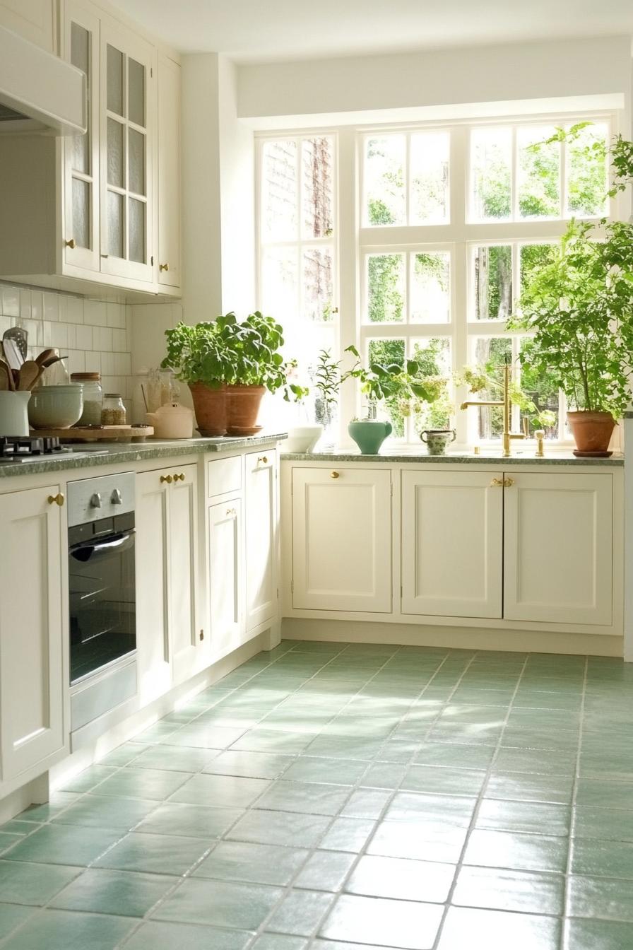 Sage Green Tile Floor with White Cabinetry