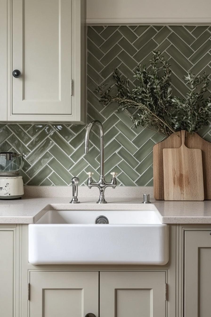 Sage Herringbone Backsplash with Neutral Cabinets