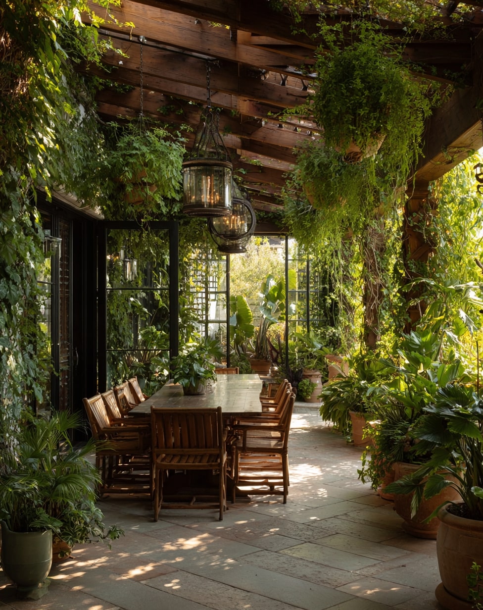 Slatted Roof with Hanging Plants