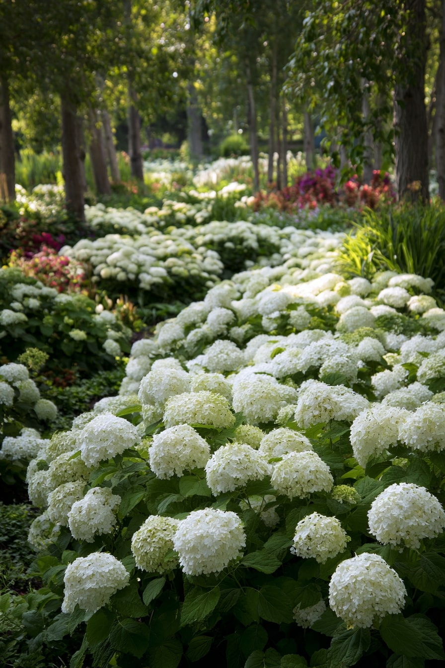 Sunny Border with Panicle Hydrangeas and Solid-Colored Hostas