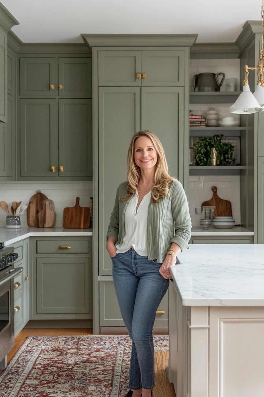 Transitional Kitchen with Sage Paneling and Quartz Counters