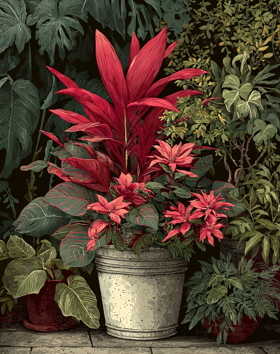Tropical Oasis Pair Coleus with Palm Fronds and Hibiscus

