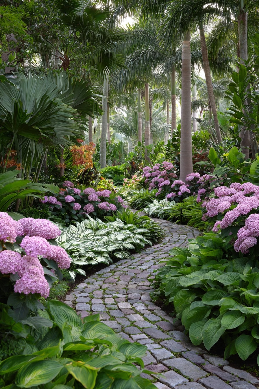Tropical Oasis with Pink Hydrangeas and Patterned Hostas
