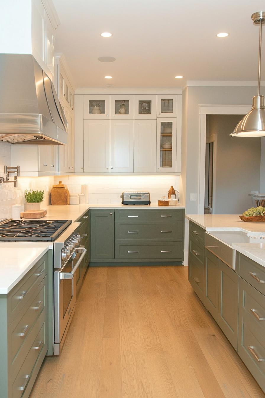 Two-Tone Kitchen with Sage Lower Cabinets and White Uppers