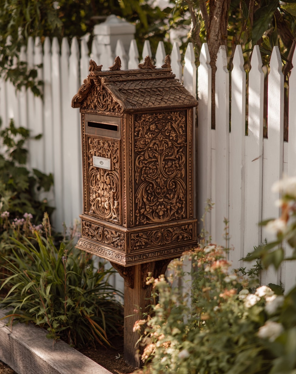 Wooden Mailbox with Carved Detail