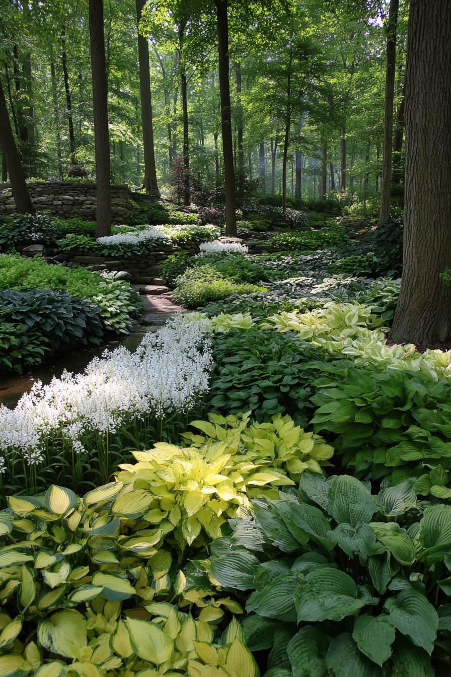 Woodland Oasis with Bigleaf Hydrangeas and Golden Hostas