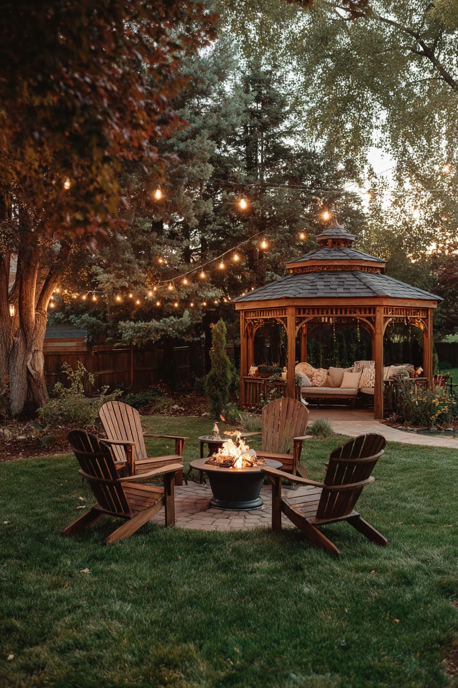 Fire Pit with Adirondack Chairs and Ottoman