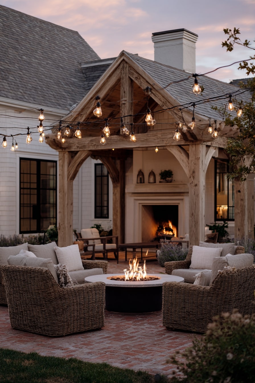 Outdoor Fireplace with Pergola and String Lights