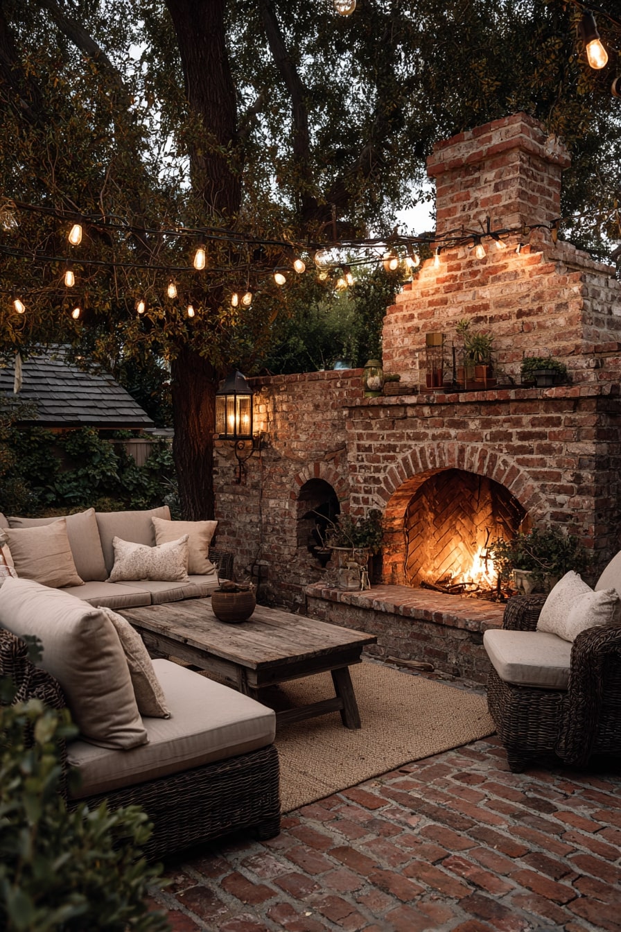 Classic Brick Fireplace with Outdoor Seating