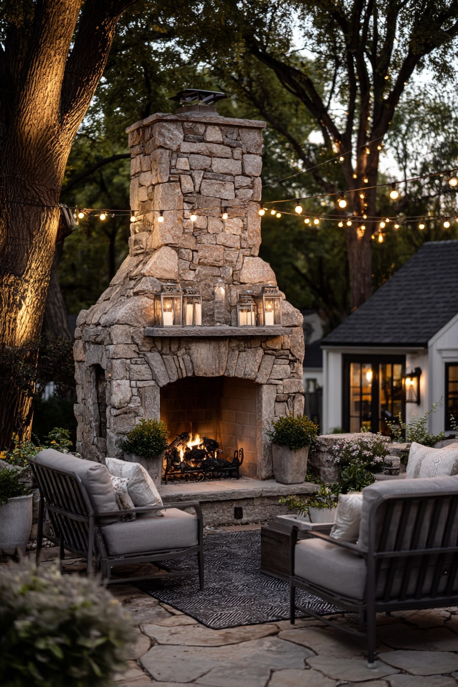 Modern Stone Fireplace with Patio Seating