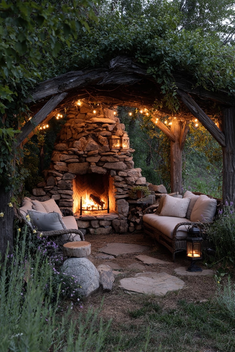 Backyard Pavilion with Outdoor Fireplace and Dining